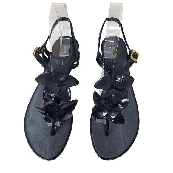 Melissa Solar Hawaii Sandals Women 9 Black Jelly Flower Toe Post Ankle Strap - Picture 1 of 11